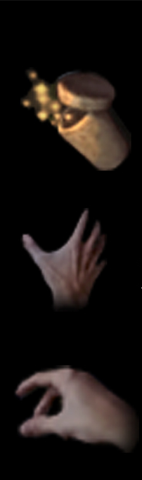 Objets diégétiques d’Amnesia : gourde, main tendue, main qui saisit