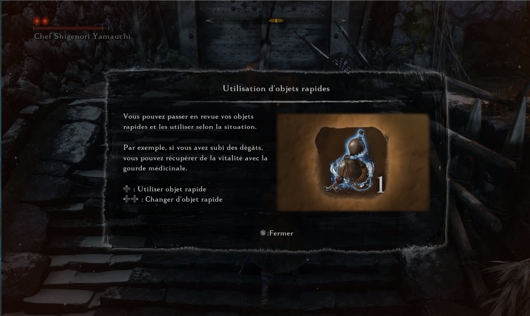 Fenêtre tutoriel de Sekiro sur les objets rapides